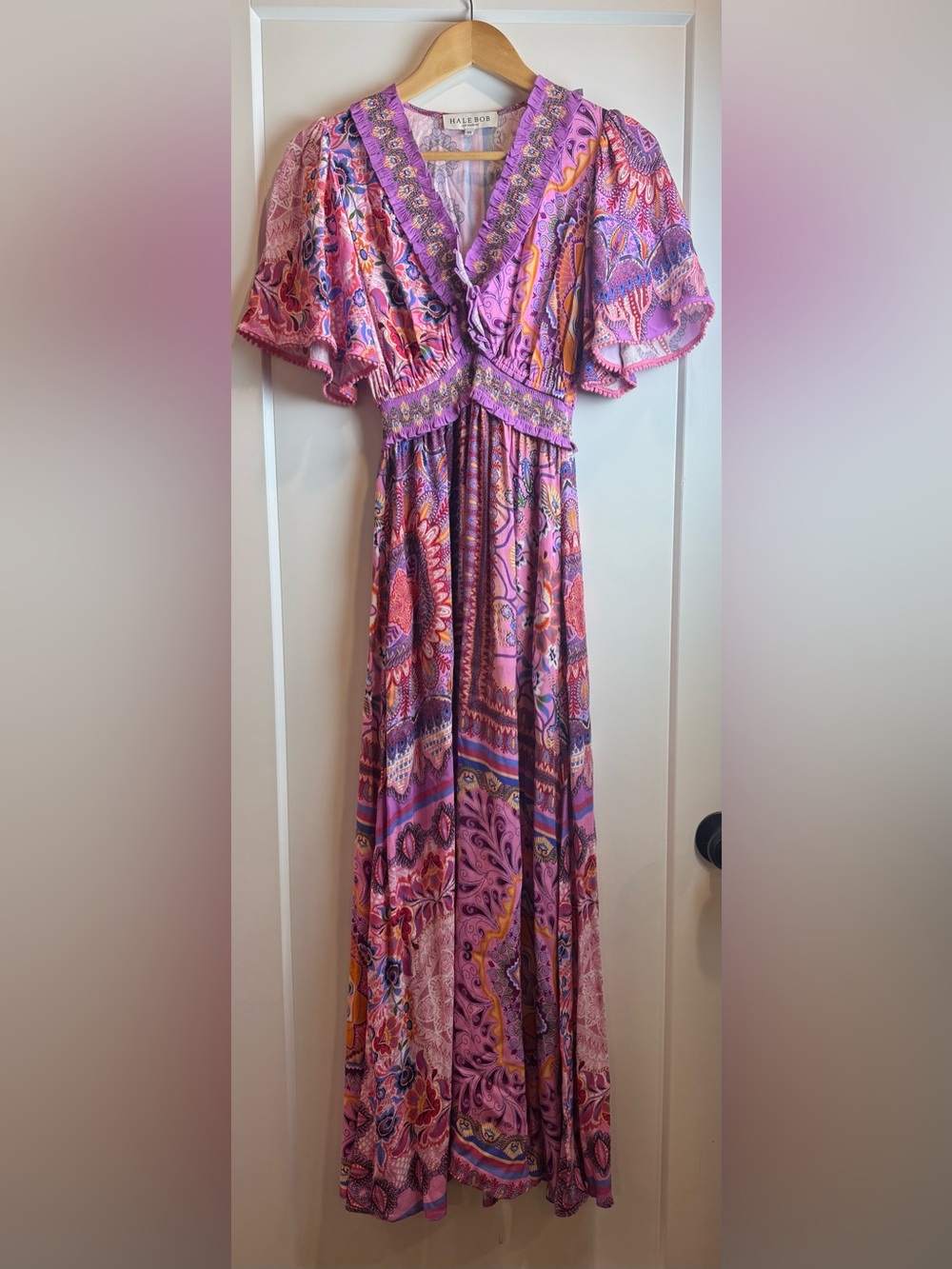 Hale Bob Katelyn Linen Maxi Dress Pink Paisley Boho Flutter Sleeve PocketsSizeXS - Picture 2 of 14